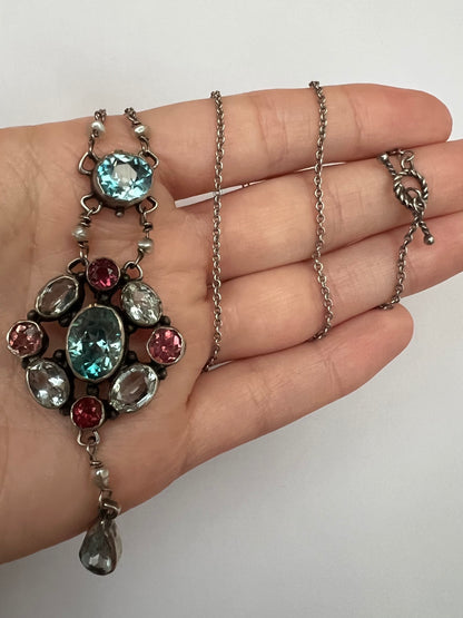 Pink Tourmaline Blue Zircon Rock Crystal Arts & Crafts Silver Pendant. Reserved, please enquire