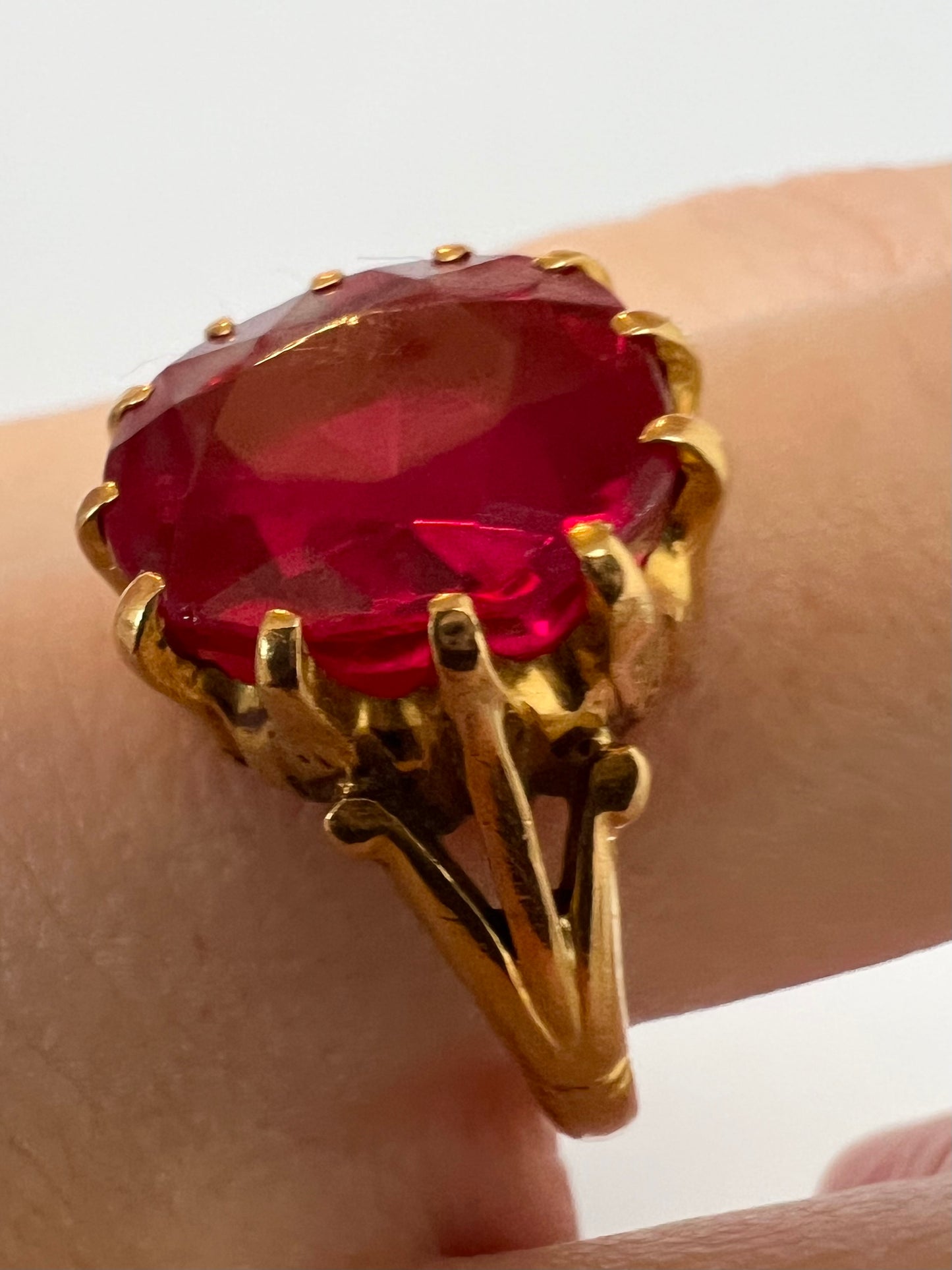 22ct Gold Large Created Ruby Hand Faceted Gents Pinky Ring