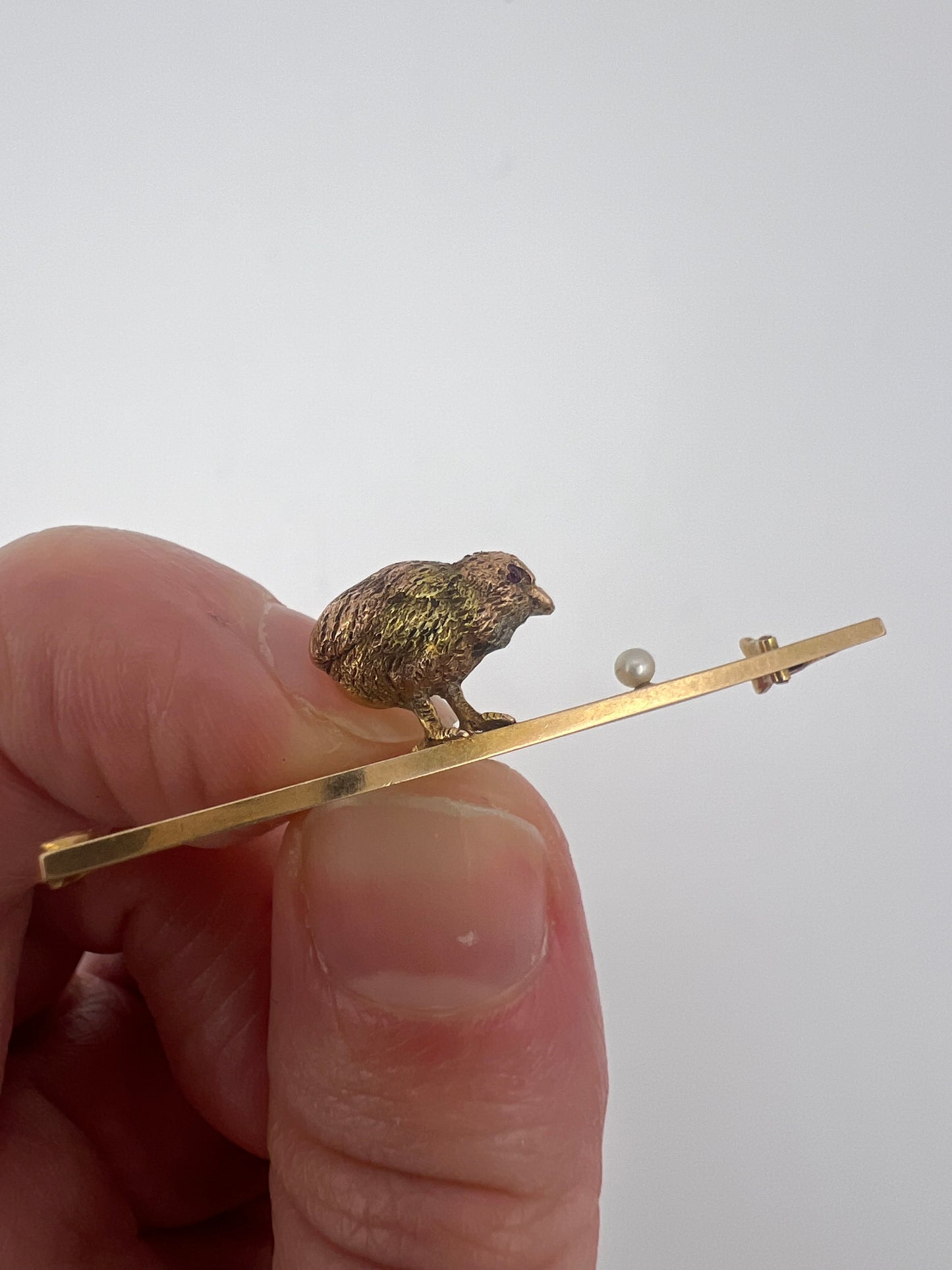 RESERVED Please enquire - Originally Boxed 14ct Gold Easter Chick and Pearl Stick Pin