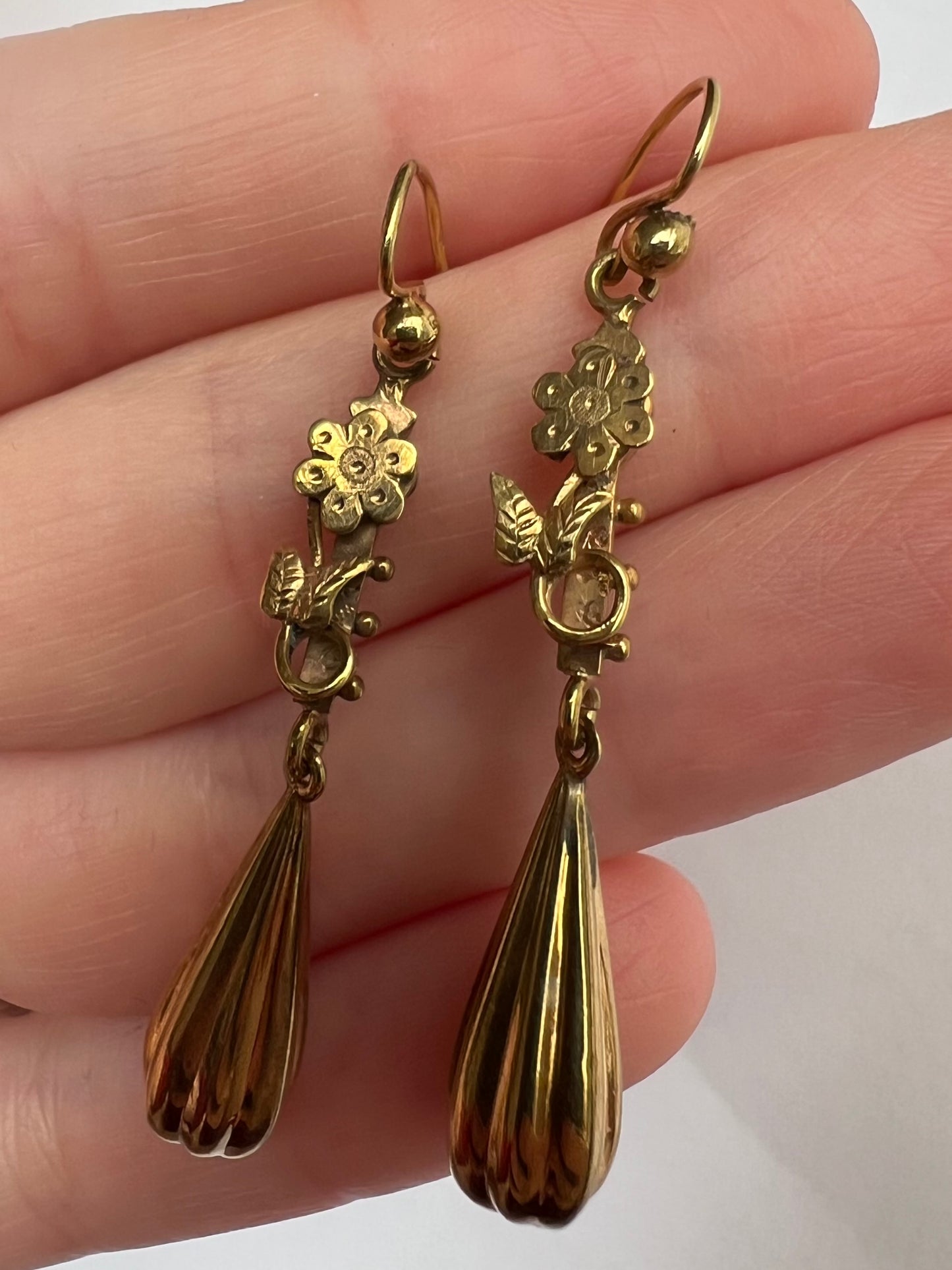 Victorian Torpedo and Flower Gold Drop Dangly Earrings