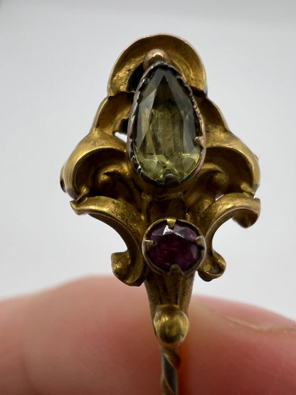 Chrysoberyl And Garnet Rococo Style Gold Boxed Stick Pin