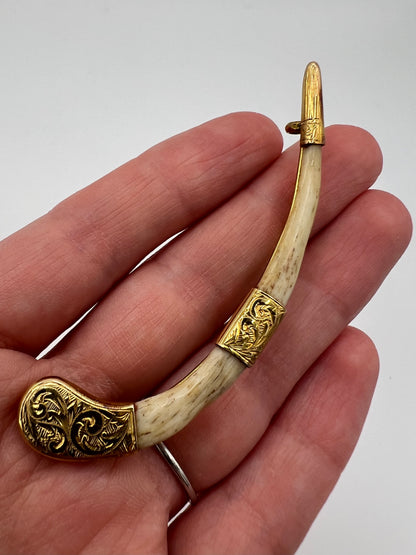 Victorian Tiger Clavicle Bone Gold Mounted Brooch