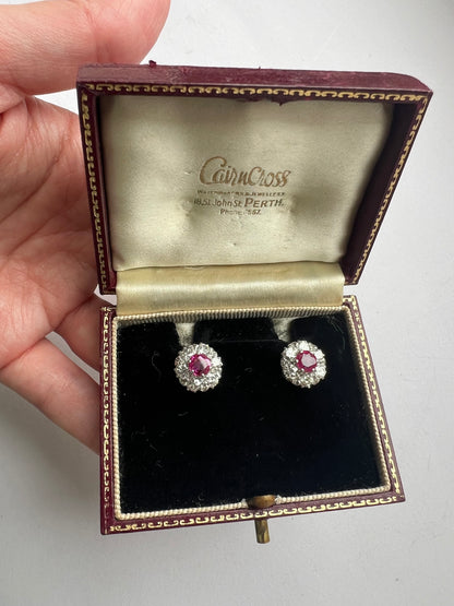 Late Art Deco 1950s Natural Ruby Diamond Daisy Cluster Stud Earrings, Boxed 18ct White Gold