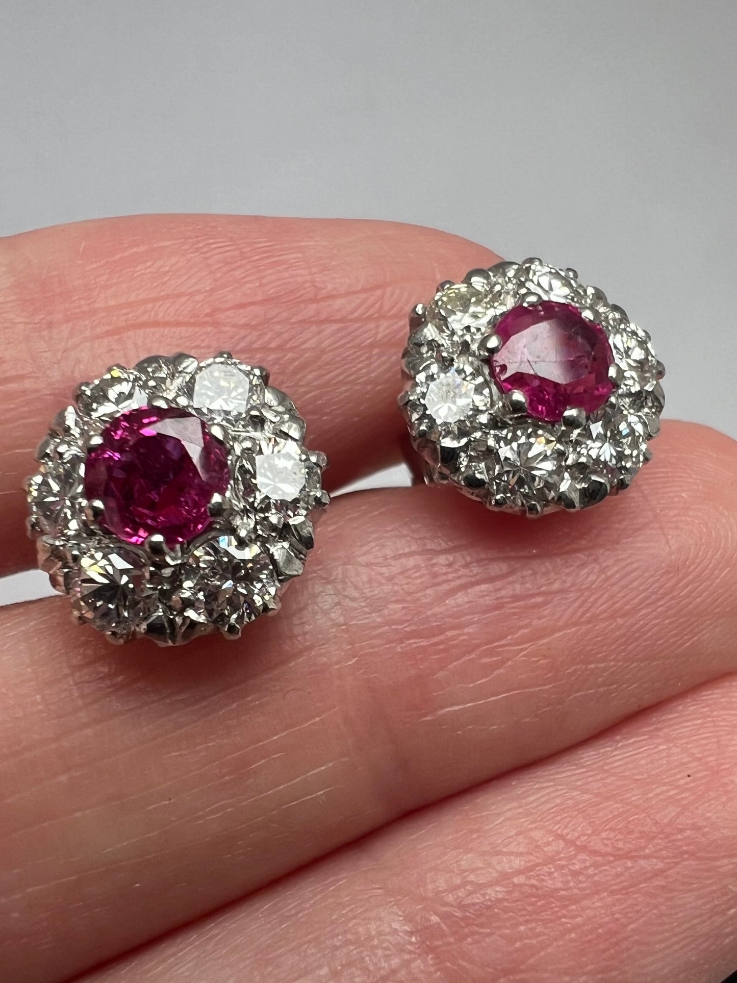 Late Art Deco 1950s Natural Ruby Diamond Daisy Cluster Stud Earrings, Boxed 18ct White Gold