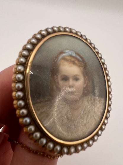 Oval Portrait Miniature Brooch Of Pretty Girl in Gold And Pearl Frame