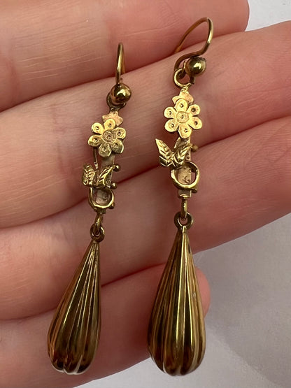 Victorian Torpedo and Flower Gold Drop Dangly Earrings