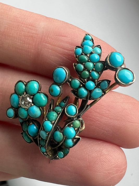 Forget Me Not Victorian Turquoise Diamond Flower Brooch