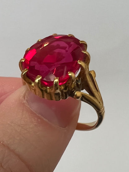 22ct Gold Large Created Ruby Hand Faceted Gents Pinky Ring