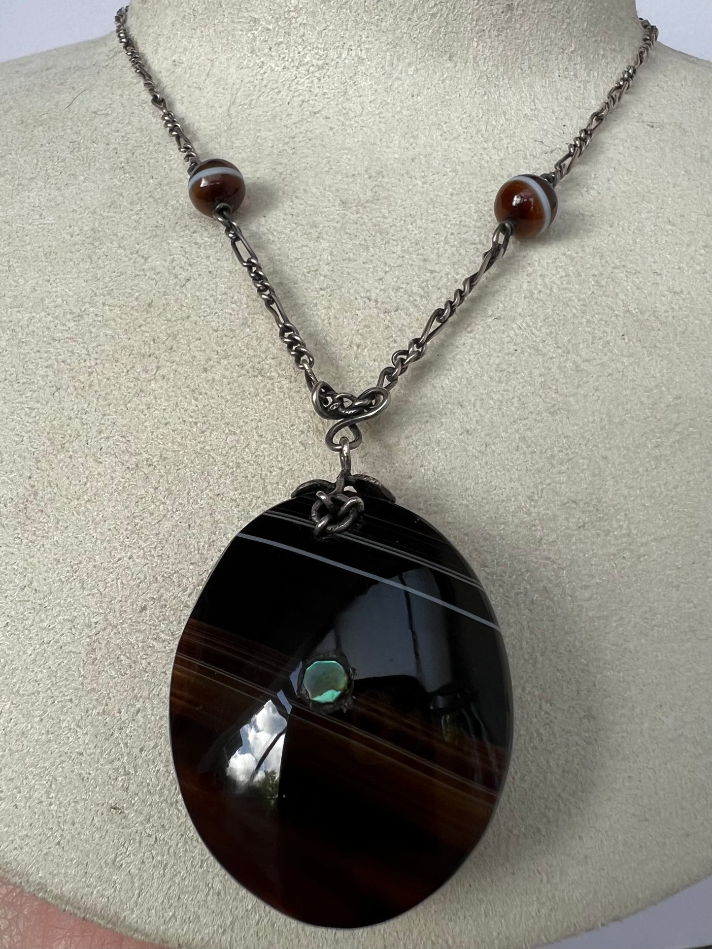 Arts & Crafts Banded Agate Silver Pendant Necklace