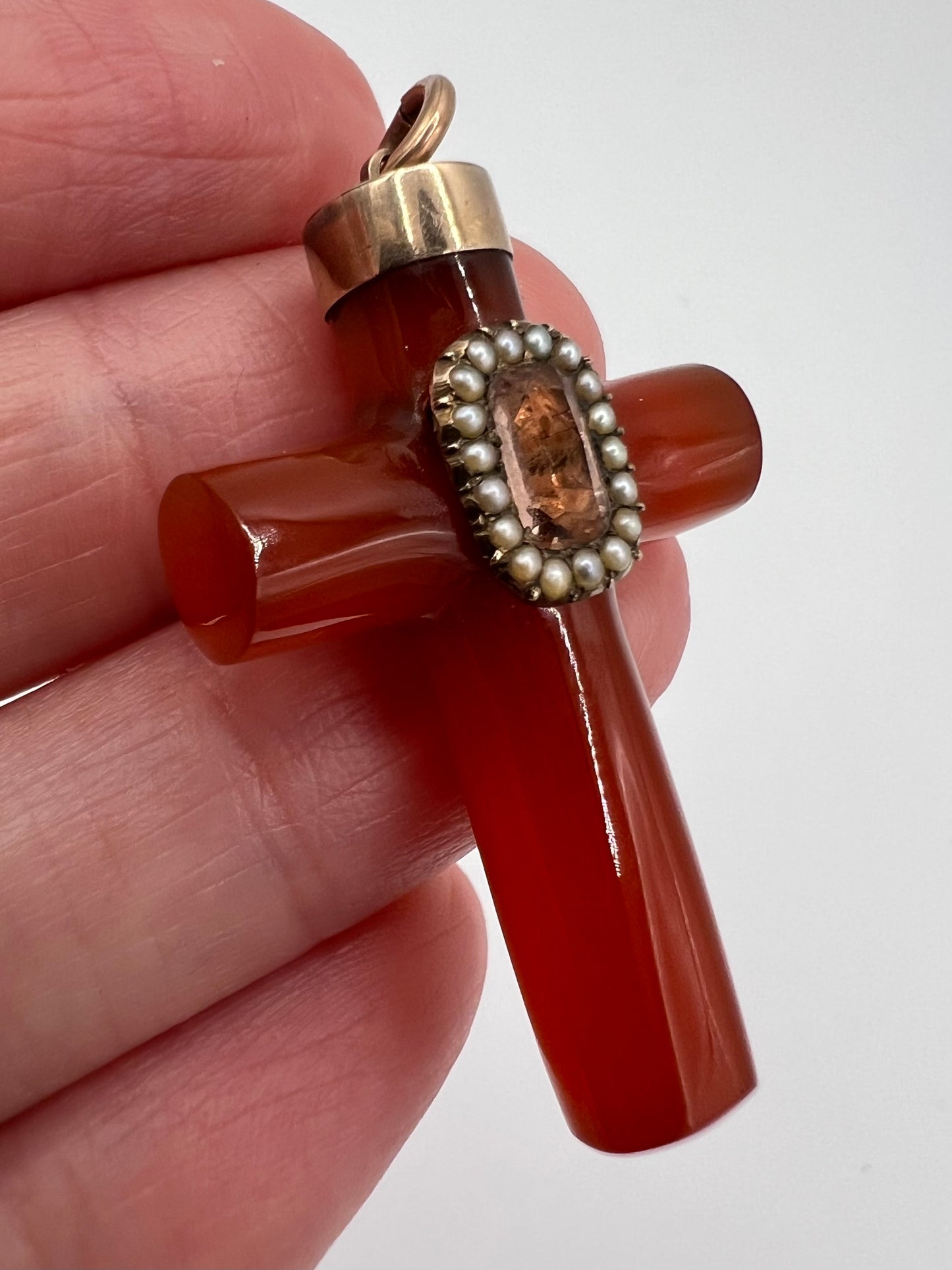 Georgian Reliquary Carnelian Imperial Topaz Gold & Pearl Crucifix