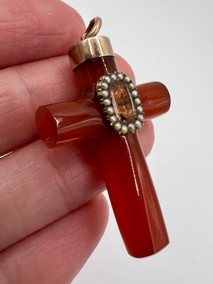 Georgian Reliquary Carnelian Imperial Topaz Gold & Pearl Crucifix