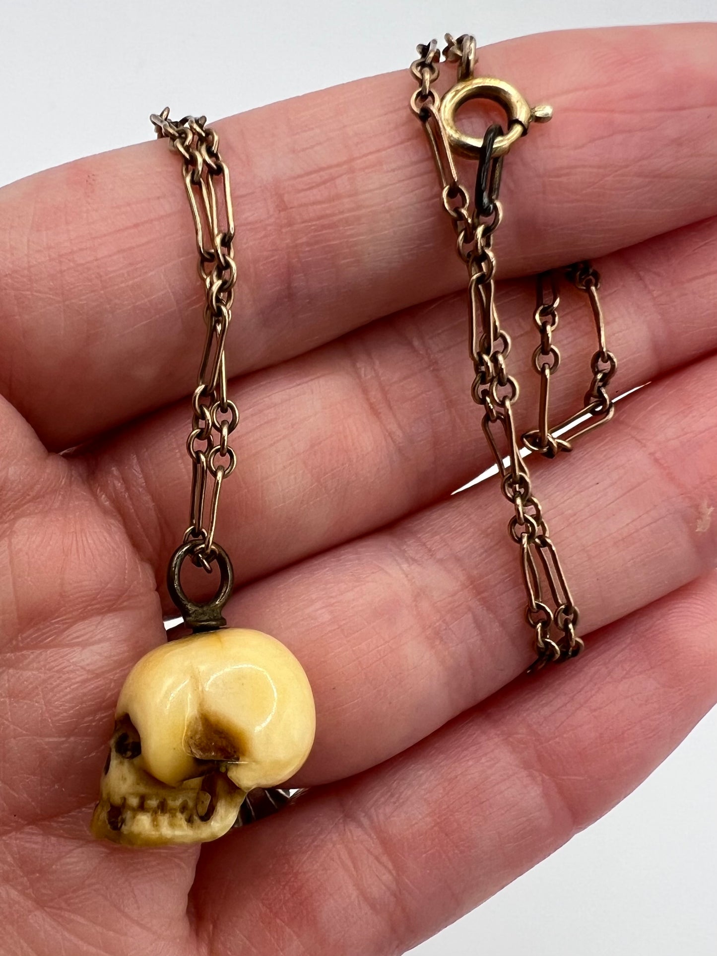 Japanese Antique Skull Charm On 9ct Gold Fetter Link Chain