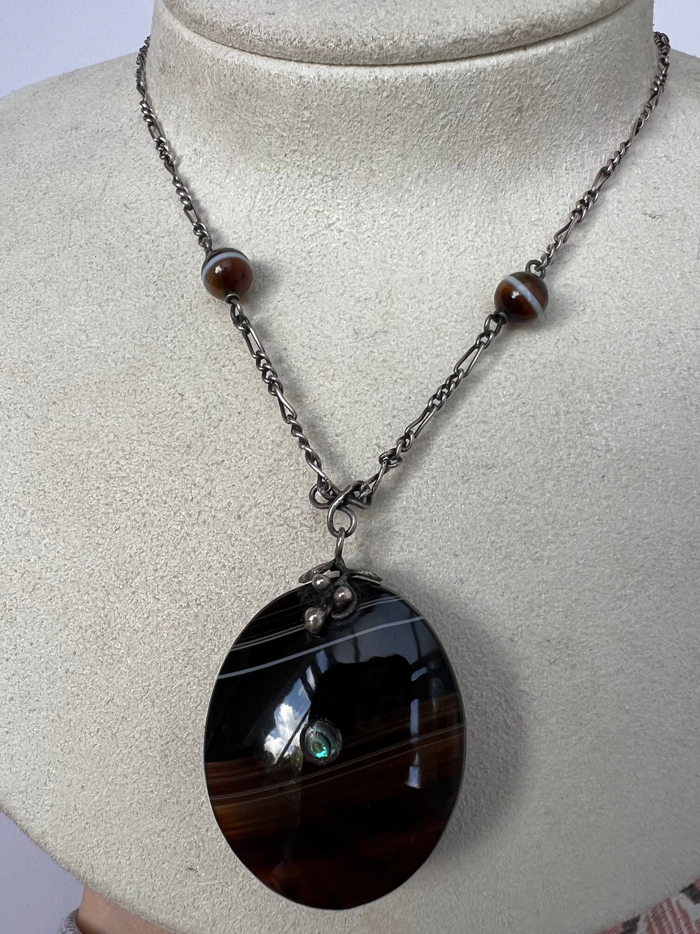 Arts & Crafts Banded Agate Silver Pendant Necklace