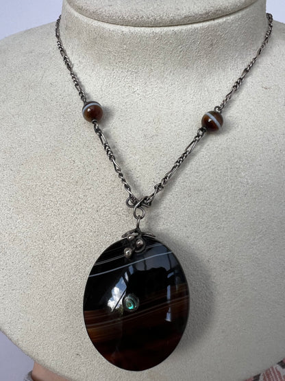 Arts & Crafts Banded Agate Silver Pendant Necklace