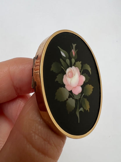 Pietra Dura Rose Oval Gold Flower Brooch