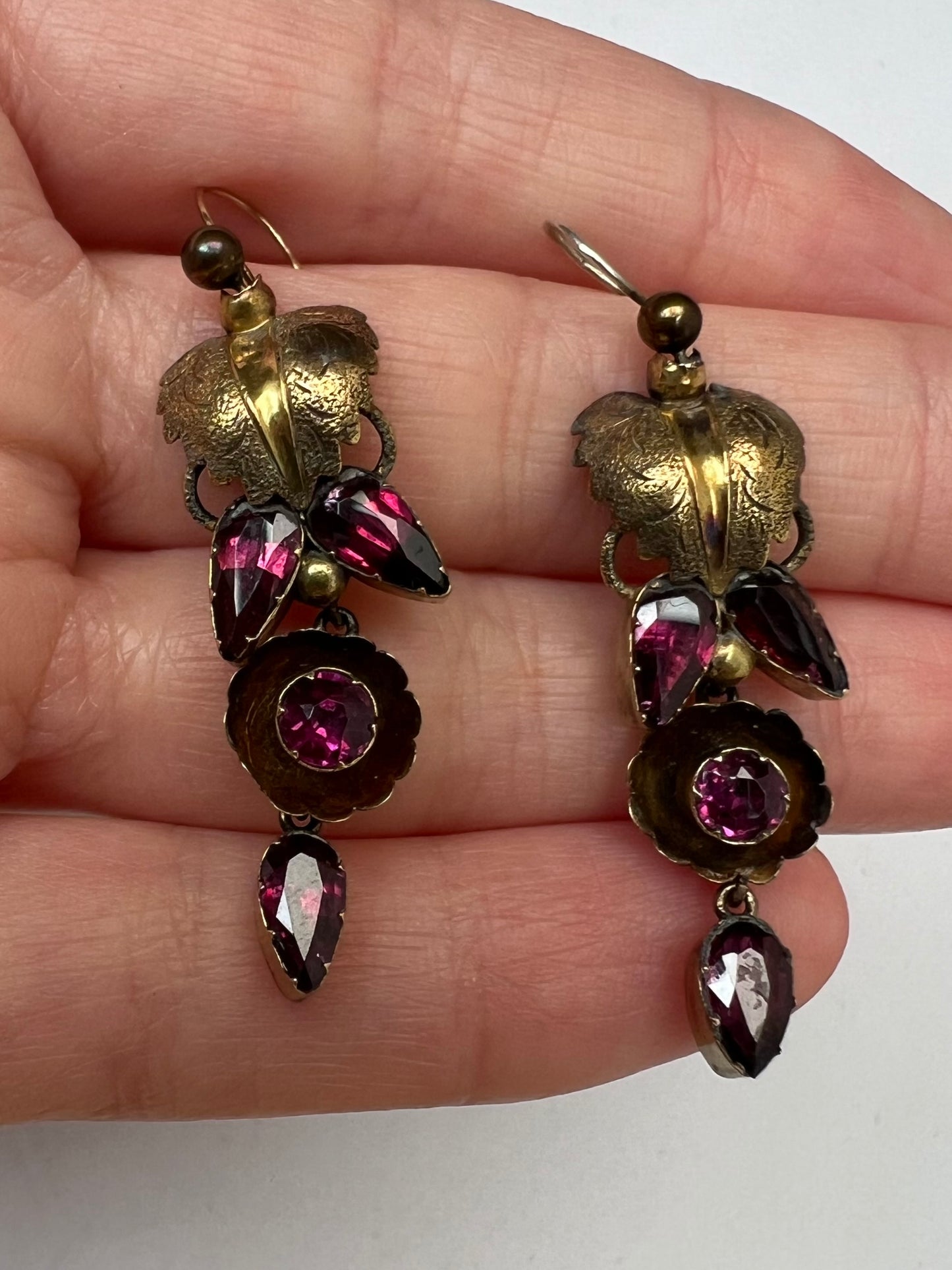 Gold Early 19th Century Pink Almandine Garnet Leaf Earrings