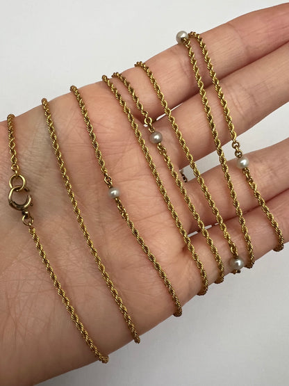 Very Long 54.7" 15ct Gold Muff Chain With Pearls