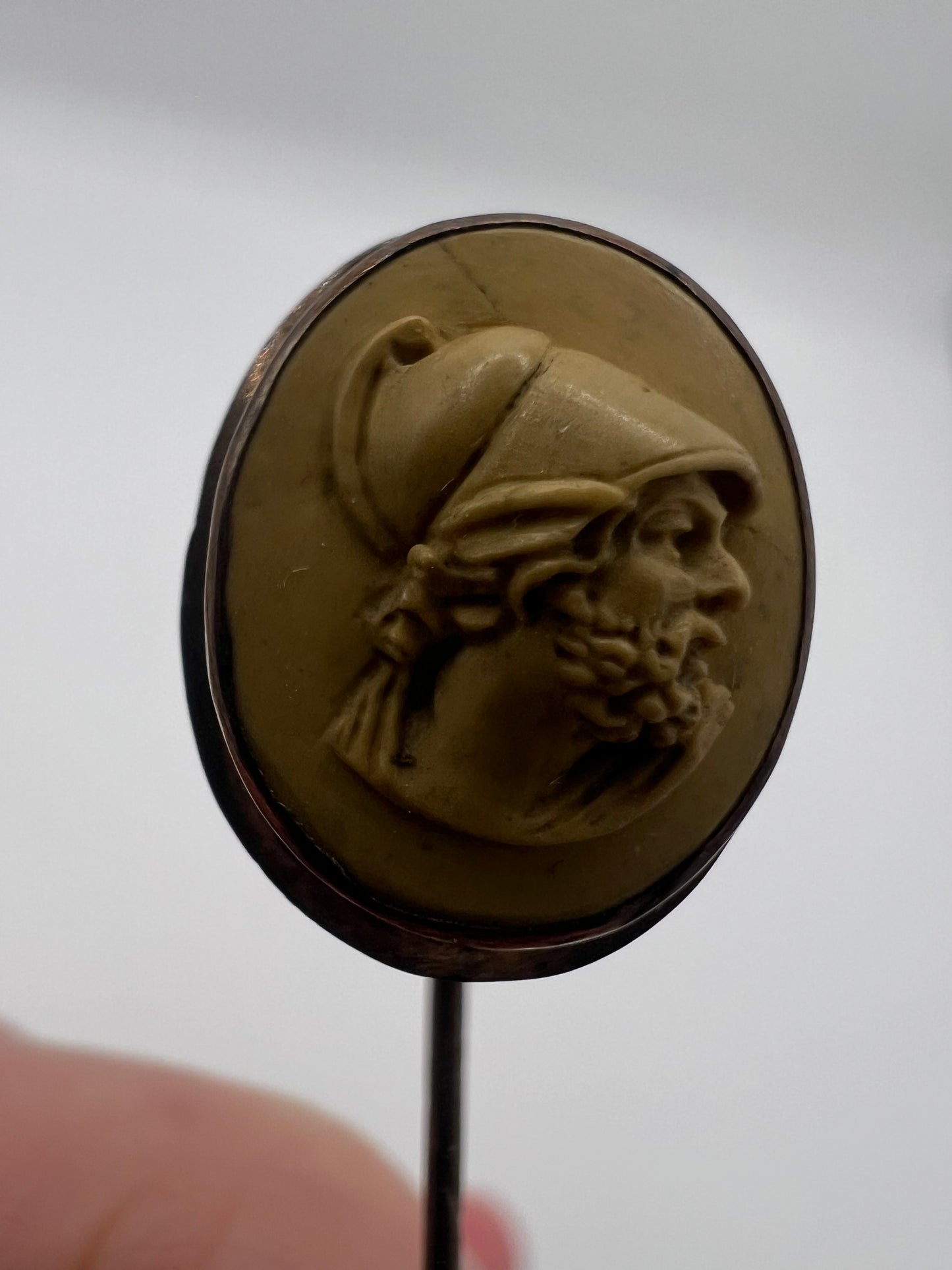 Dainty Sized High Relief Lava Cameo Gold Boxed Stick Pin