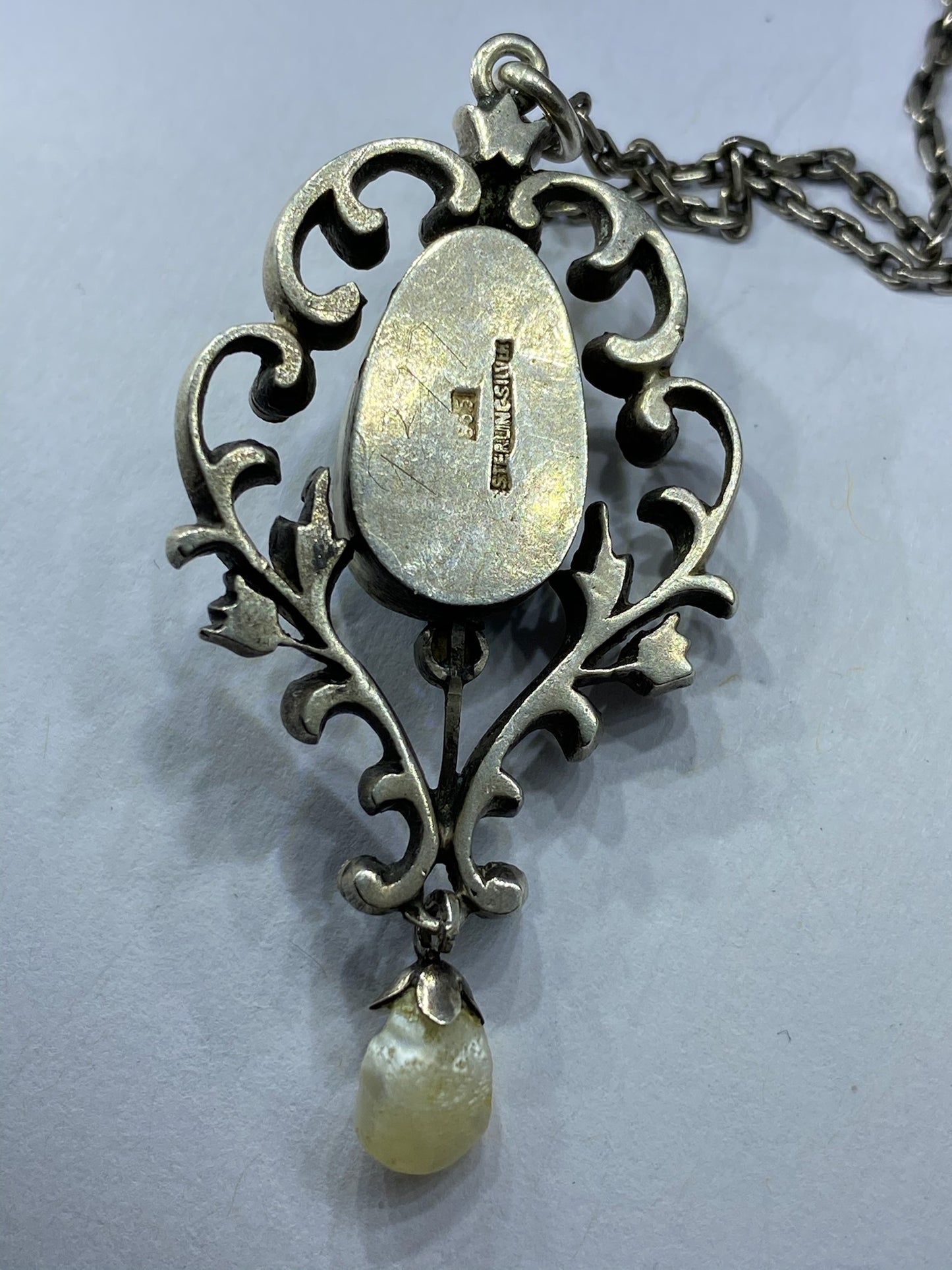 Turquoise Silver Pearl Arts & Crafts Pendant And Chain