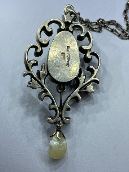 Turquoise Silver Pearl Arts & Crafts Pendant And Chain