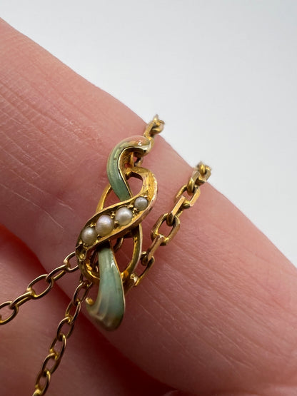 Art Nouveau Pansy Flower Enamel & Pearl Gold Necklace