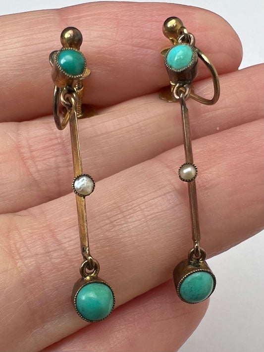 Edwardian Turquoise Pearl Knife Edge Set Screw-back Earrings
