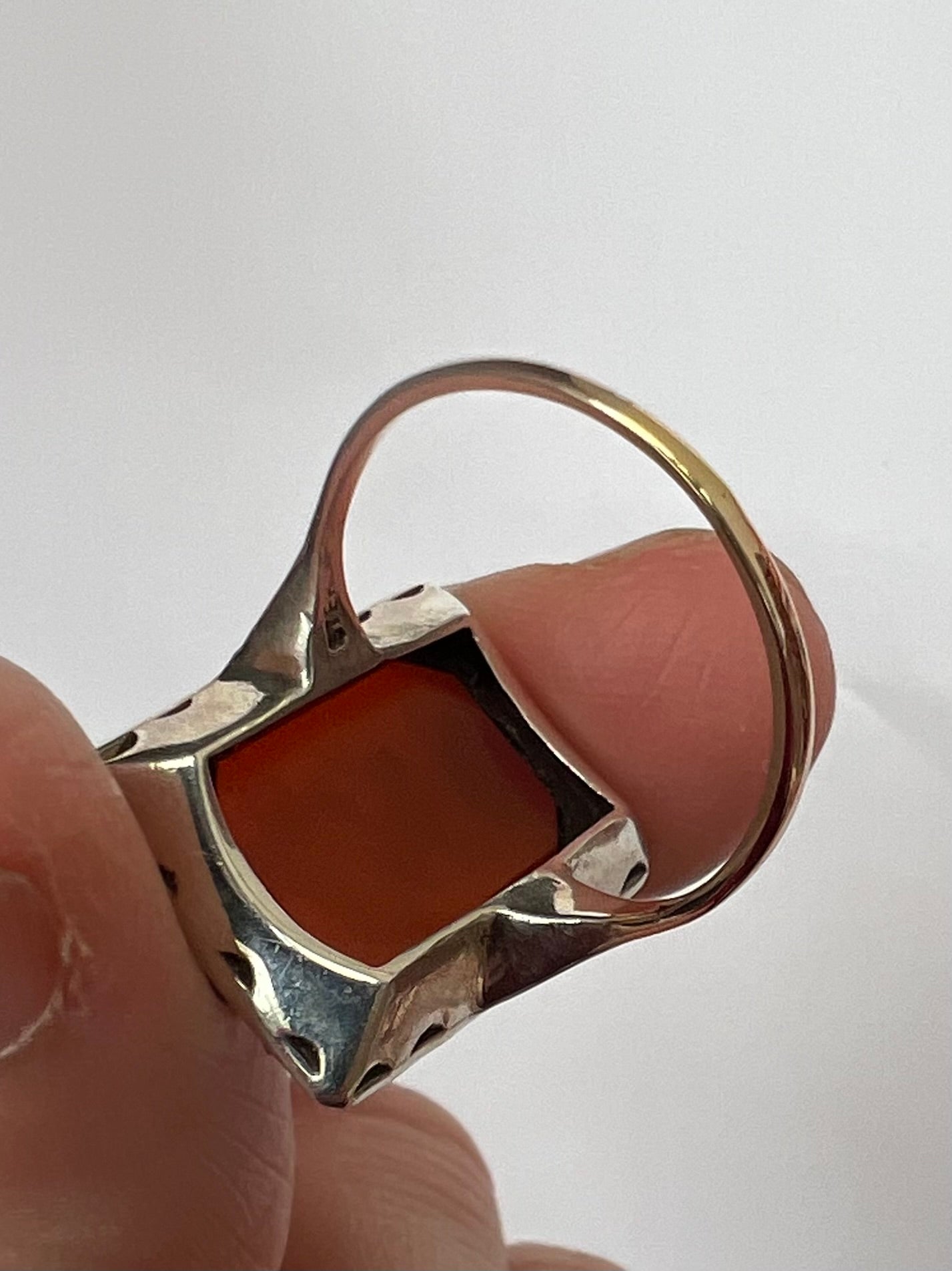 Carnelian Intaglio Hardstone Seal Ring in Gold Silver Marcasite