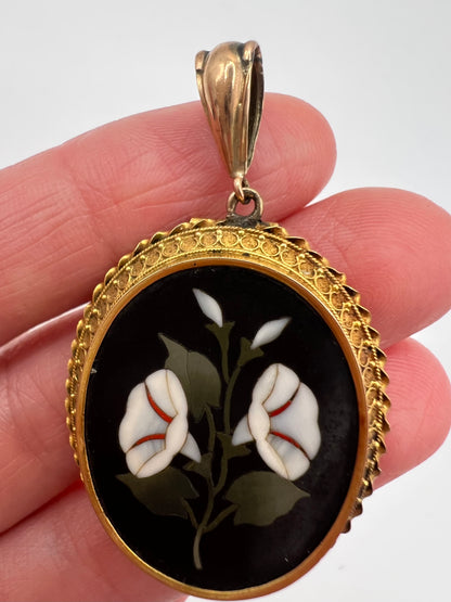 Pietra Dura Flower Locket Pendant in Exquisite Etruscan Gold Frame