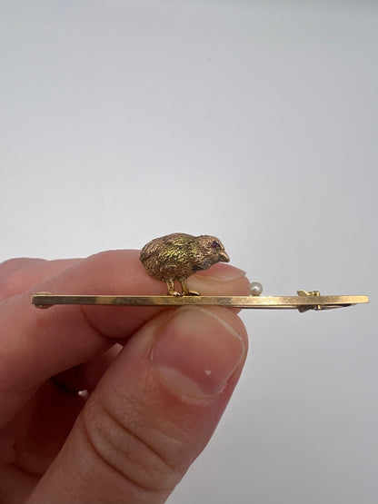 RESERVED Please enquire - Originally Boxed 14ct Gold Easter Chick and Pearl Stick Pin