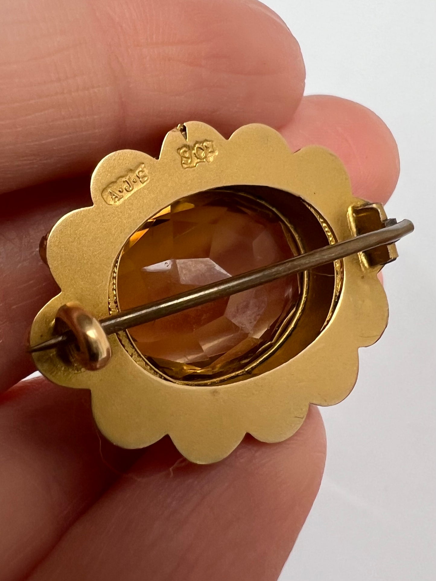 Large Citrine and Pearl Victorian Gold Flower Brooch