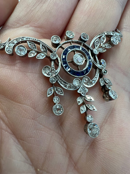 Antique Belle Époque diamond 18ct White Gold Sapphire Lavalier Necklace