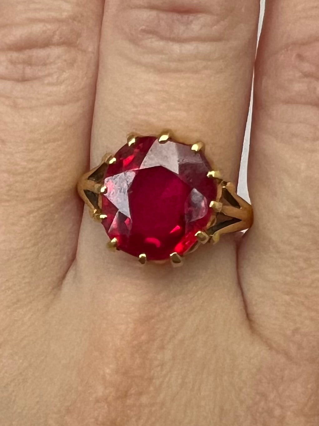 22ct Gold Large Created Ruby Hand Faceted Gents Pinky Ring