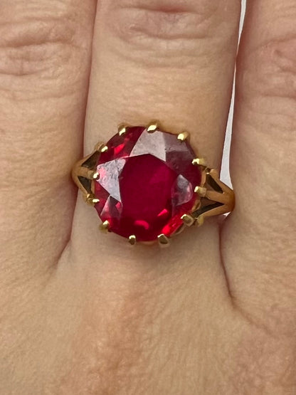 22ct Gold Large Created Ruby Hand Faceted Gents Pinky Ring