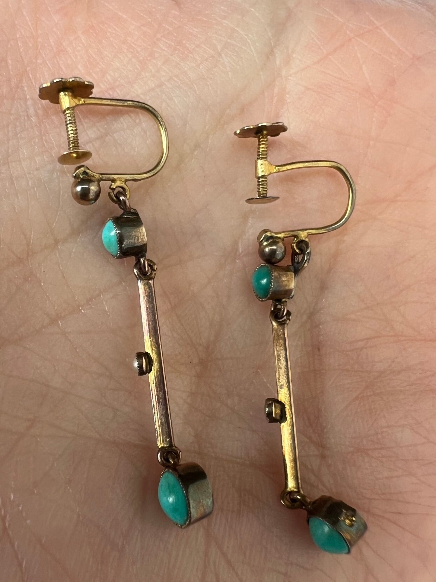 Edwardian Turquoise Pearl Knife Edge Set Screw-back Earrings