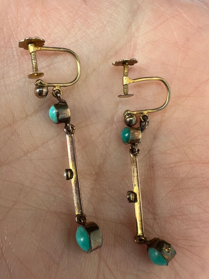Edwardian Turquoise Pearl Knife Edge Set Screw-back Earrings