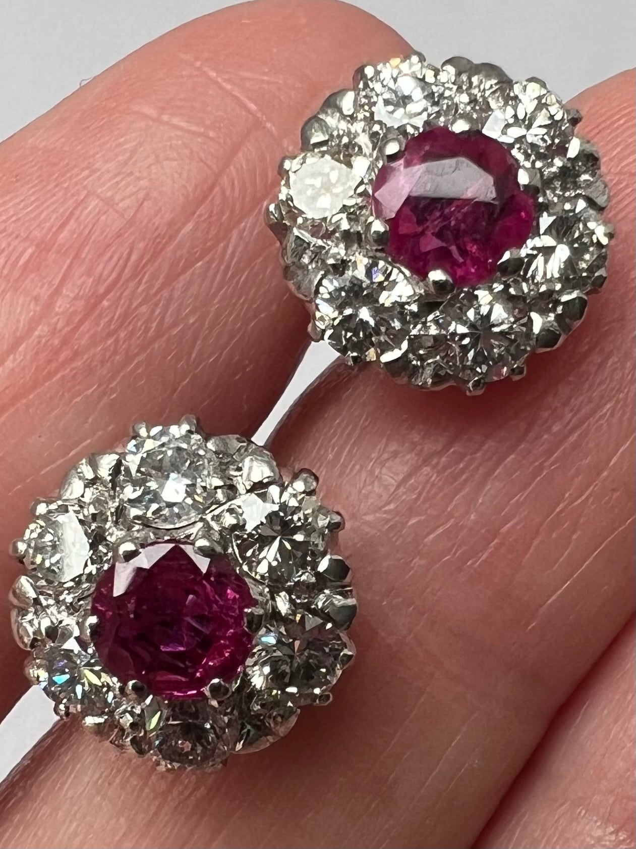 Late Art Deco 1950s Natural Ruby Diamond Daisy Cluster Stud Earrings, Boxed 18ct White Gold