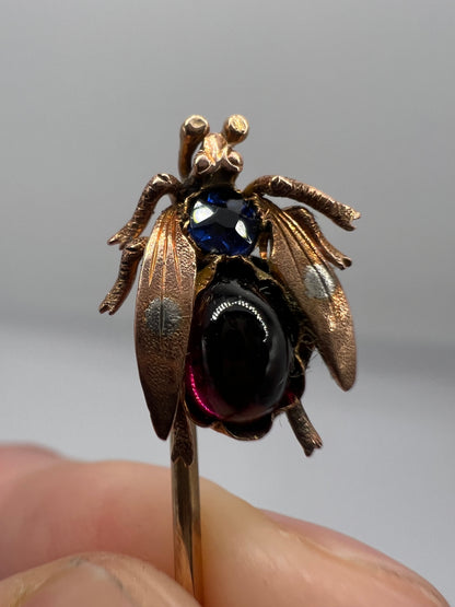 Velvet Boxed Victorian Fly Gold Sapphire Garnet Stick Pin