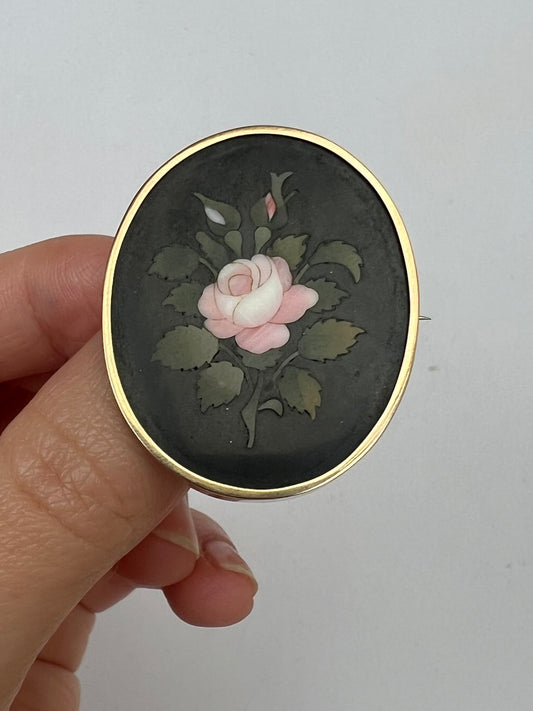 Pietra Dura Rose Oval Gold Flower Brooch