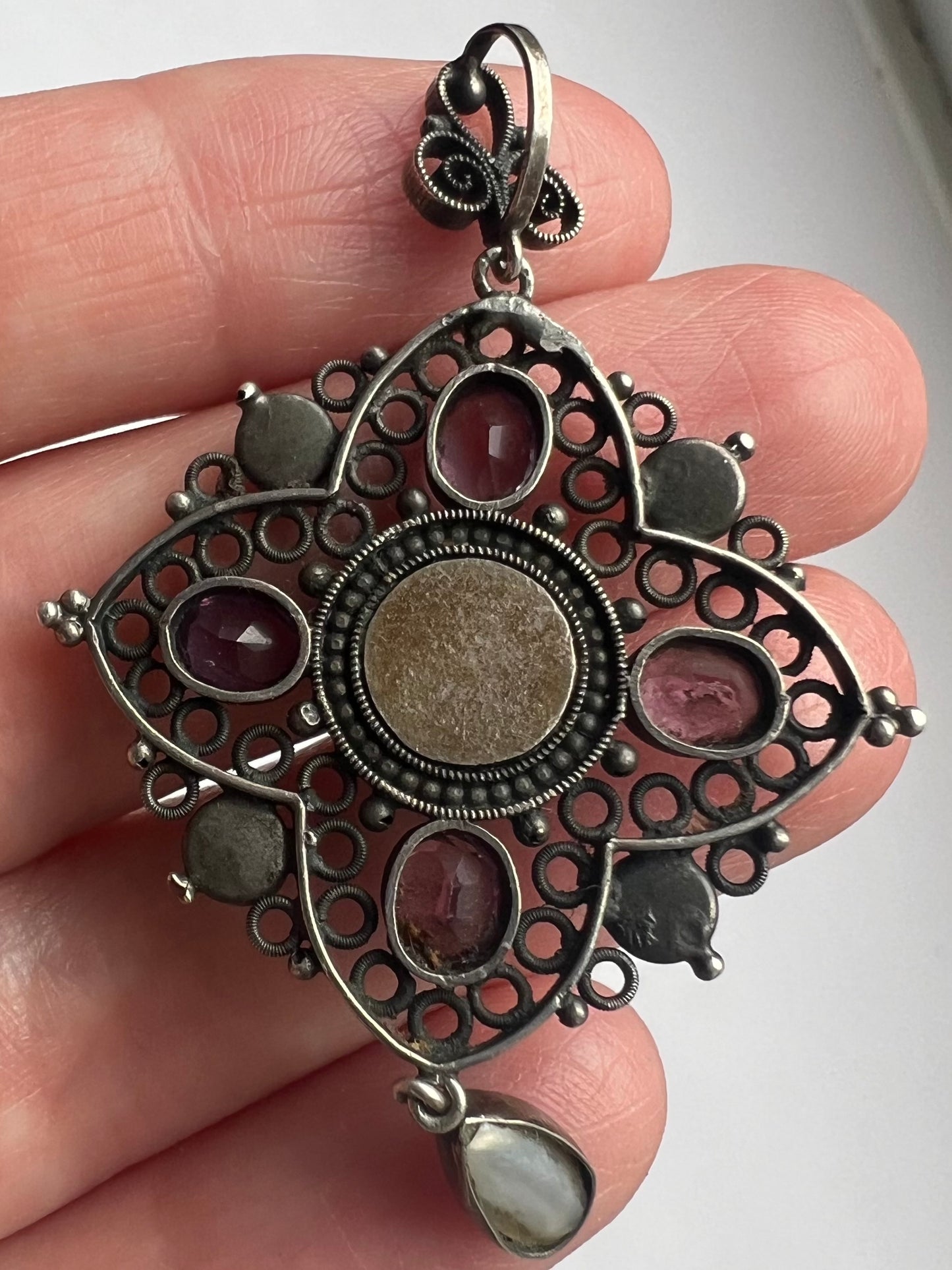 Arts & Crafts Blister Pearl Filigree Silver Amethyst Pendant