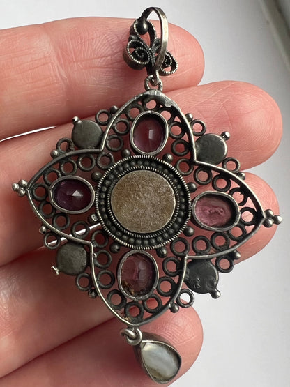 Arts & Crafts Blister Pearl Filigree Silver Amethyst Pendant