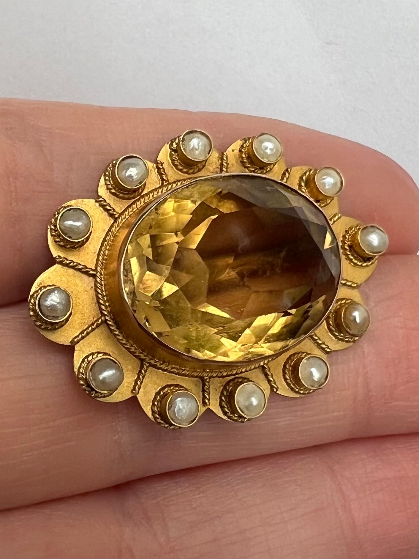 Large Citrine and Pearl Victorian Gold Flower Brooch