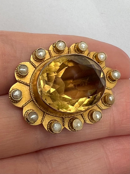 Large Citrine and Pearl Victorian Gold Flower Brooch