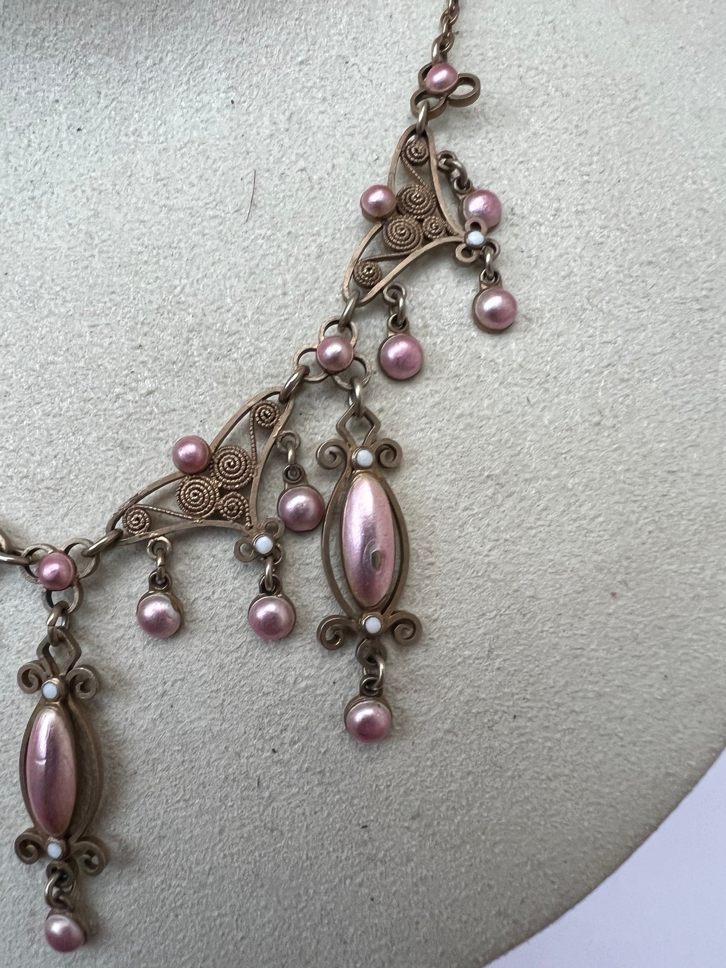 Pink Enamel Silver Gilt Norwegian Necklace Attributed to Marius Hammer