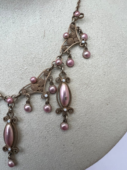 Pink Enamel Silver Gilt Norwegian Necklace Attributed to Marius Hammer