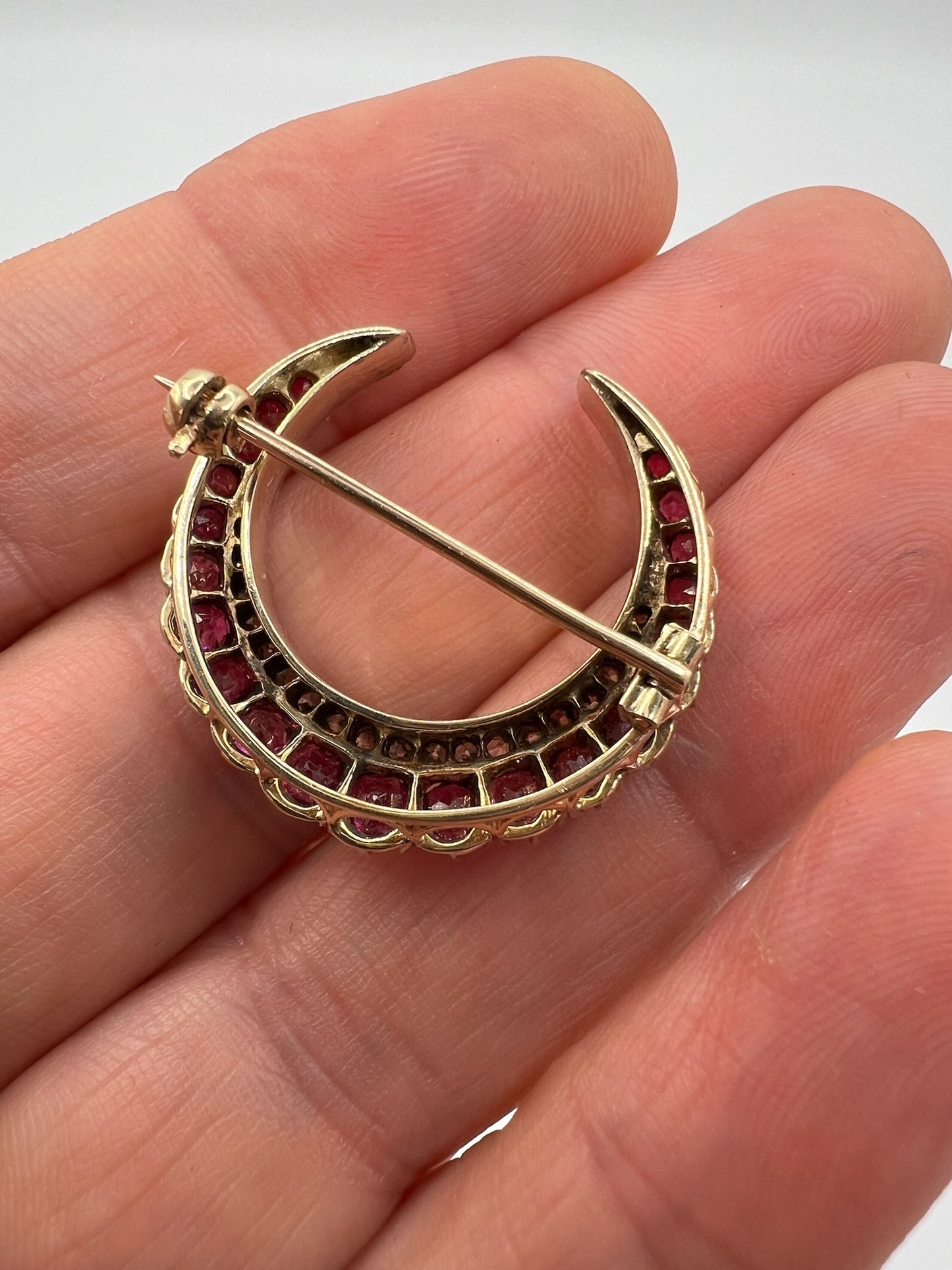 Antique Gold Diamond Ruby Crescent Brooch Pin in Original Box