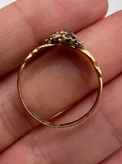 1864 Victorian 15ct Gold Almandine Garnet Emerald Pearl Ring
