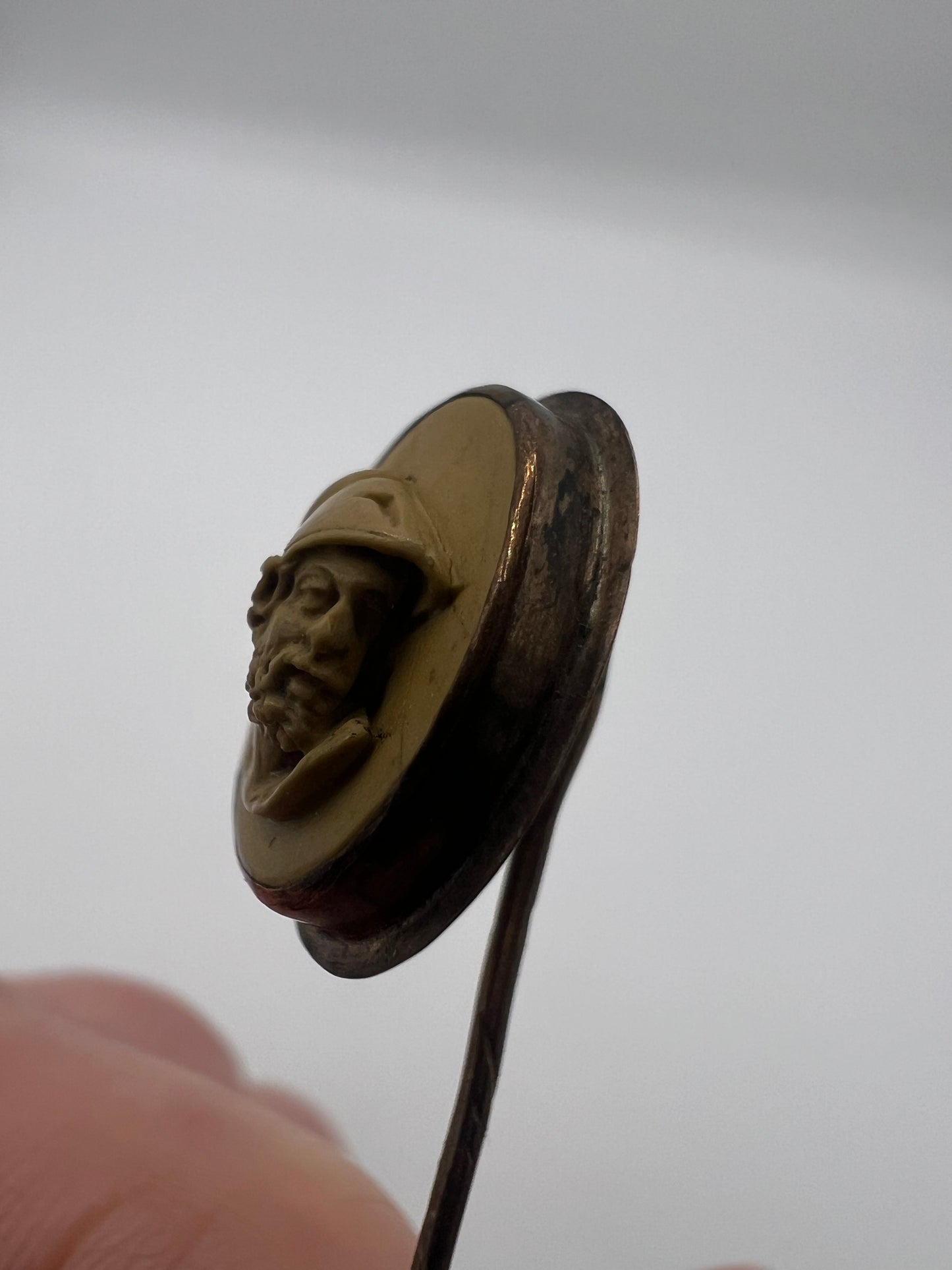 Dainty Sized High Relief Lava Cameo Gold Boxed Stick Pin