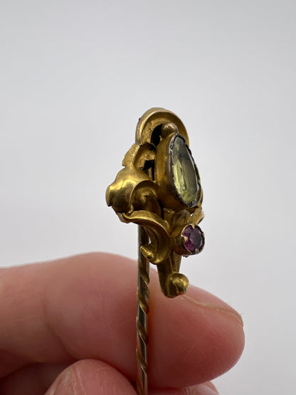 Chrysoberyl And Garnet Rococo Style Gold Boxed Stick Pin