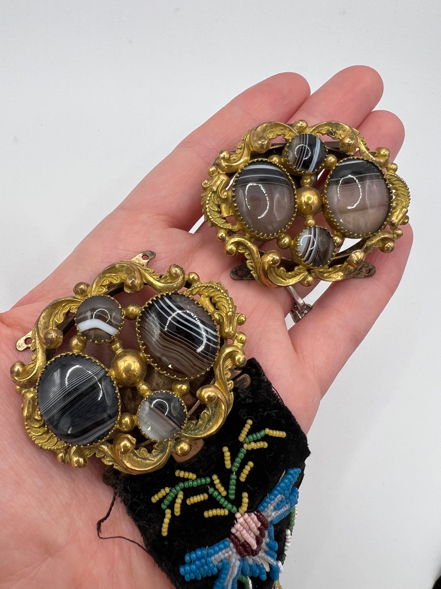 Pair William IV Bracelet Clasps on Later Victorian Embroidered Bracelets