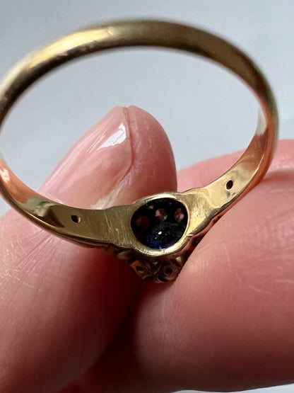 1888 Cute Sapphire Old Cut Diamond Halo 18ct Gold Ring